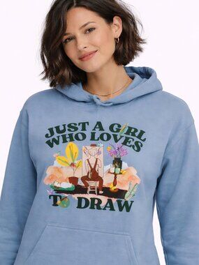 NWT - Unisex Small blue hoodie sweatshirt Just a Girl Who Loves to Draw Artists